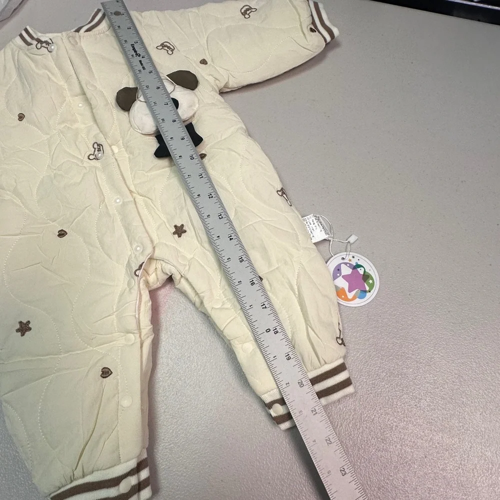 New Quilted Puppy Dog Romper‎ Cream Star Embroidered Snap Front Jumpsuit 73CM